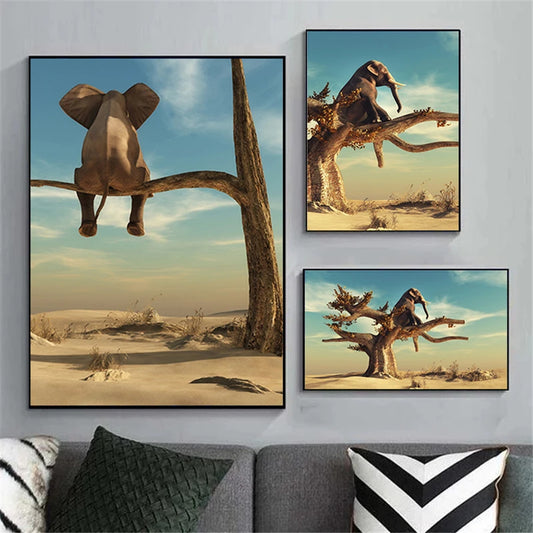 Funny Art Elephant Sit on Tree Branch Canvas Posters and Prints Animal Wall Art Painting Nordic Decor Pictures for Home Design
